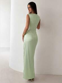 Aloruh Sage Green Satin Long Dress With Asymmetrical Shoulder Metal Decoration, Elegant Romantic Goddess Style Summer Outfits Beach Birthday Wedding Boho - Green - View 3