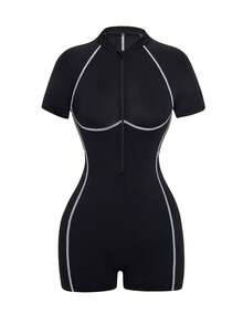 Sirith Dewbera High Elasticity Fitness Jumpsuit, Short Sleeve Short Shorts Workout Outfit, Backless Sports Jumpsuit With Zipper - Black - View 6