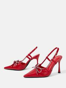 CUCCOO HITCHD Red Glossy Patent Leather Pointed Back Empty Rhinestone Bow Thin Strap Metal Buckle Wedding Shoes, Bridal Wedding Banquet Dating Temperament Fashion - Red - View 3