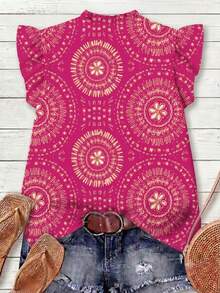 Mellowie Camisa de vacaciones con estampado floral y puños con volantes, talla grande - Multicolor - Ver 2