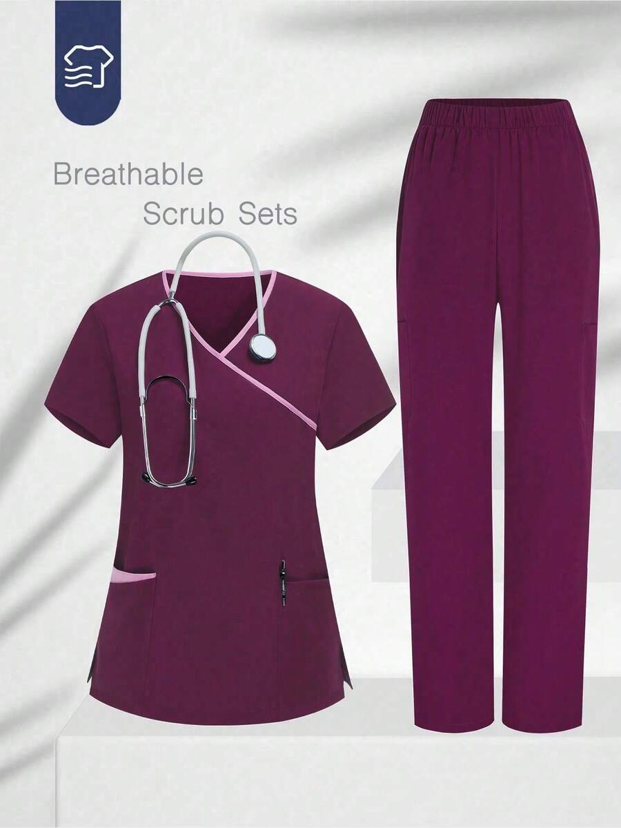 TaskEZ Solid Color Patchwork V-Neck Short Sleeve Top And Pants Scrub Uniform Set - Red Violet - View 1