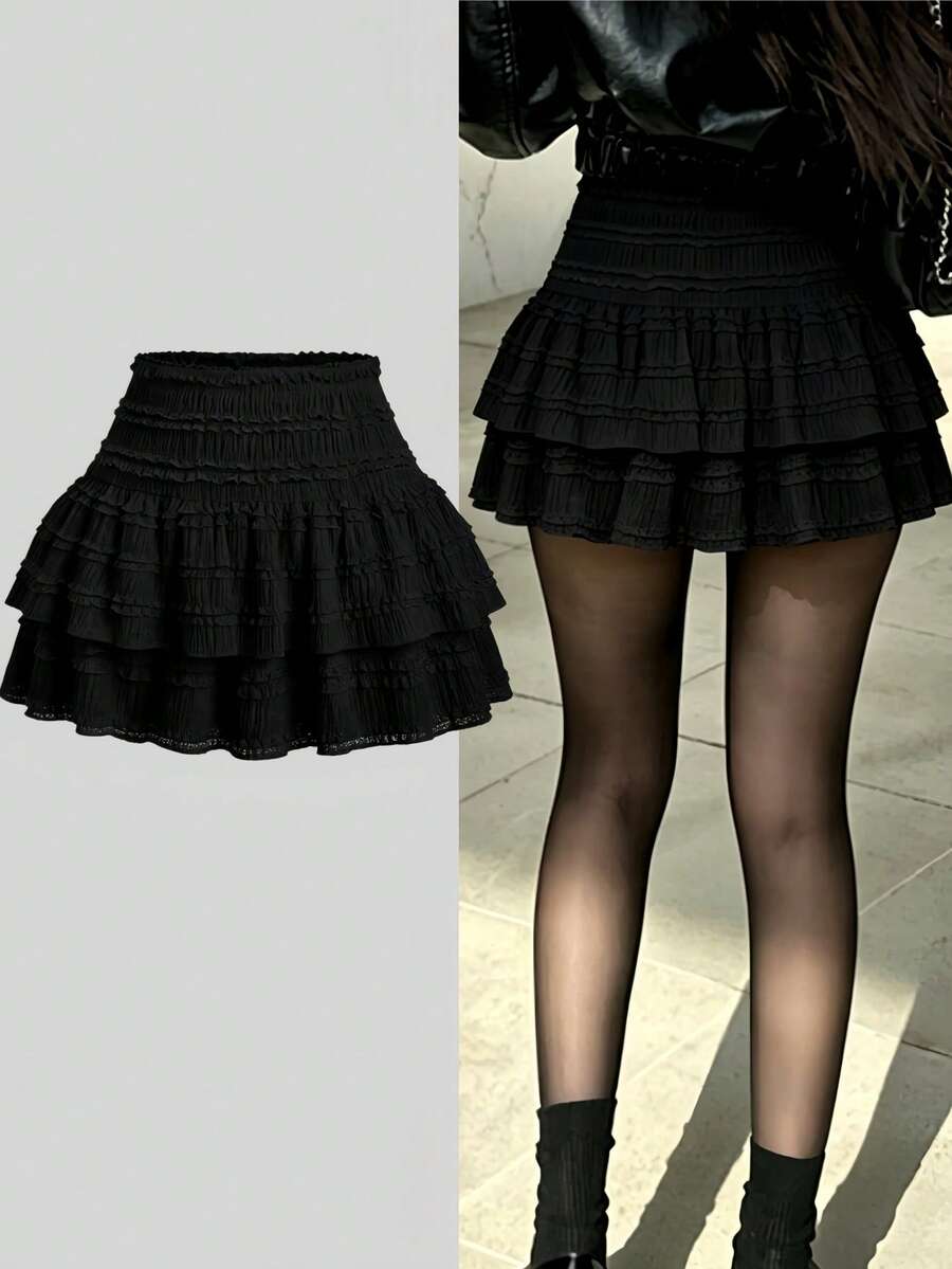 Evasive Skirt With Ruffles In Layers For Women, Textured Fabric With Lace, High Elastic Waist With Stylizer Cut New Collection 2026 - Black - View 1