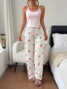 Napfluff Cute Strawberry Print Camisole & Wide Leg Pants Pajama Set For Women - Multicolor - View 4