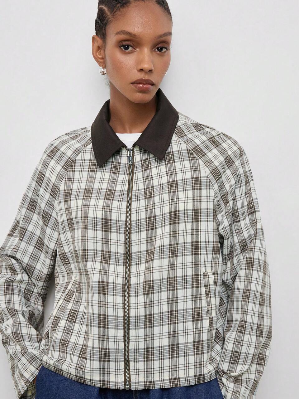 SHEIN Maija Women's Brown Plaid Pattern Jacket For Autumn/Winter With Brown Collar Detail