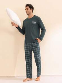 SHEIN Men's Casual Plaid Loungewear Set - Olive Green - View 6