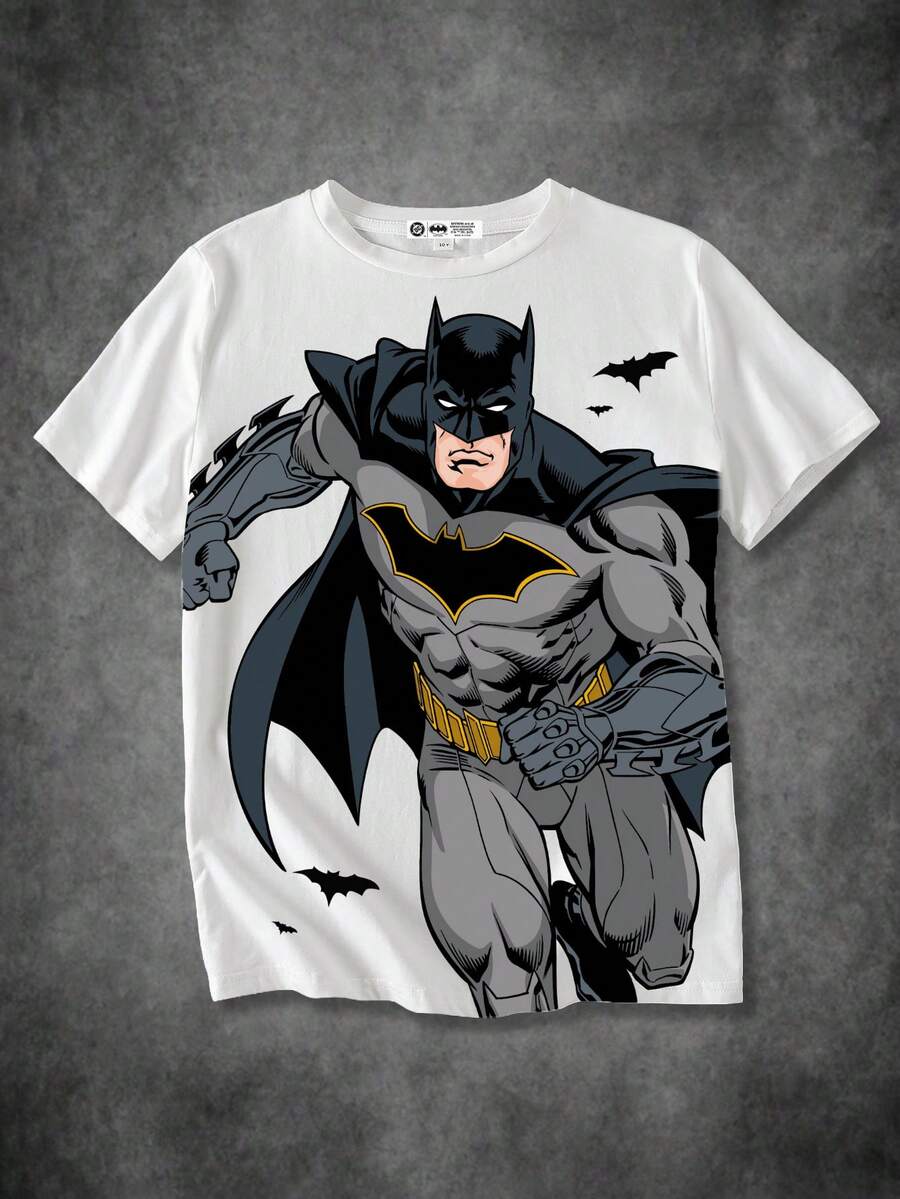 BATMAN X SHEIN 青少年男孩圆领短袖白色舒适休闲卡通英文字母图案T恤 - 白色 - 查看 1
