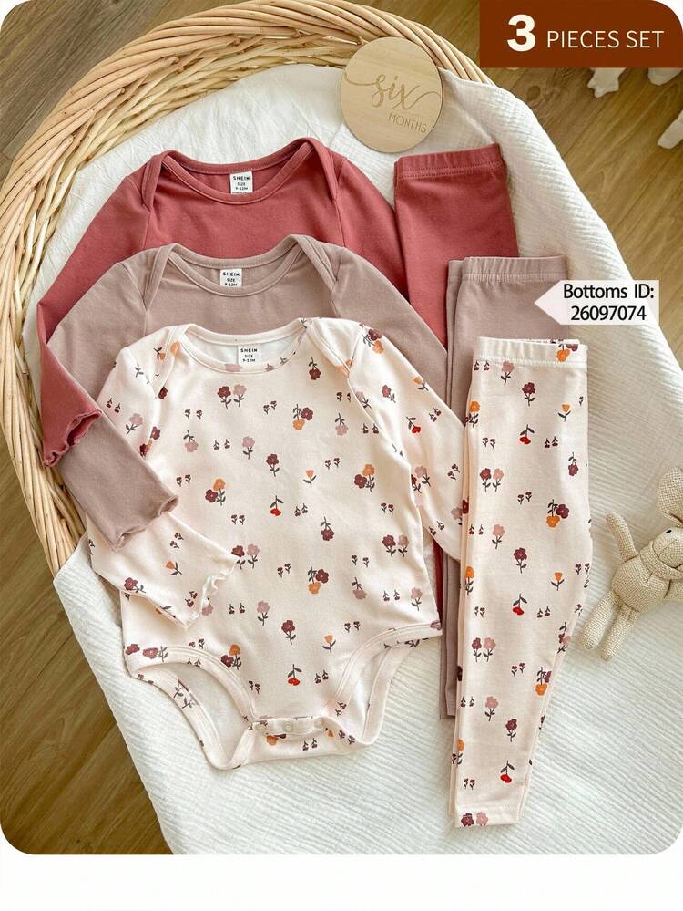 Baby Girl 3pcs Cute Casual Elastic Knit Floral Pattern Long Sleeve Bodysuits - Pink - View 9