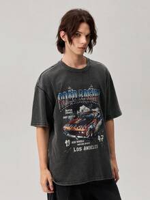 Vaulklash Men Summer Casual Short Sleeve T-Shirt With Letter & Car Graphic Print, For Friends - Dark Grey - View 6