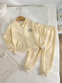 2 件套幼儿女童时尚奶油色蝴蝶结刺绣连帽夹克 + 松紧腰修身九分裤，休闲运动装，春秋季 - 杏色 - 查看 3
