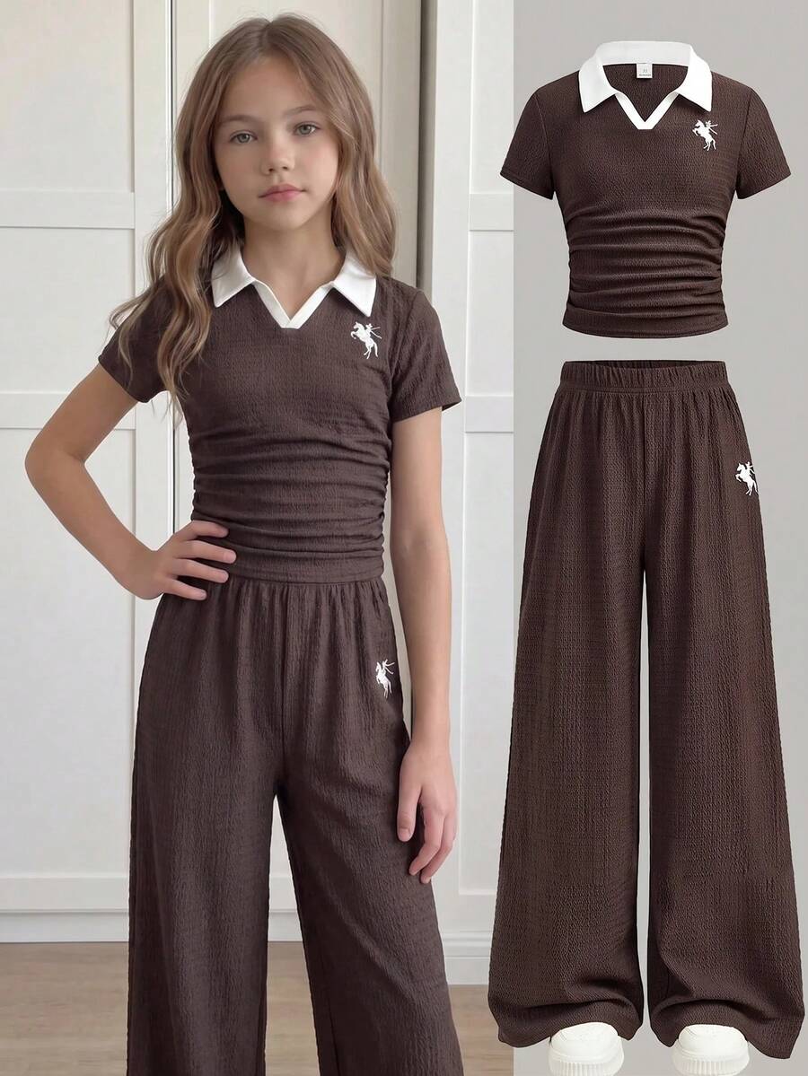 Girlism 青少年女孩 Polo 領波浪提花 T 恤與內搭褲 2 件套裝 棕色 夏季休閒學院風 校園健身返校時尚百搭套裝 - 咖啡棕 - 查看 1