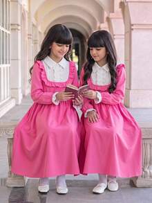 SHEIN Vestido dulce francés con botones, media abertura y volantes en el bajo para niña preadolescente - Rosa - Ver 2