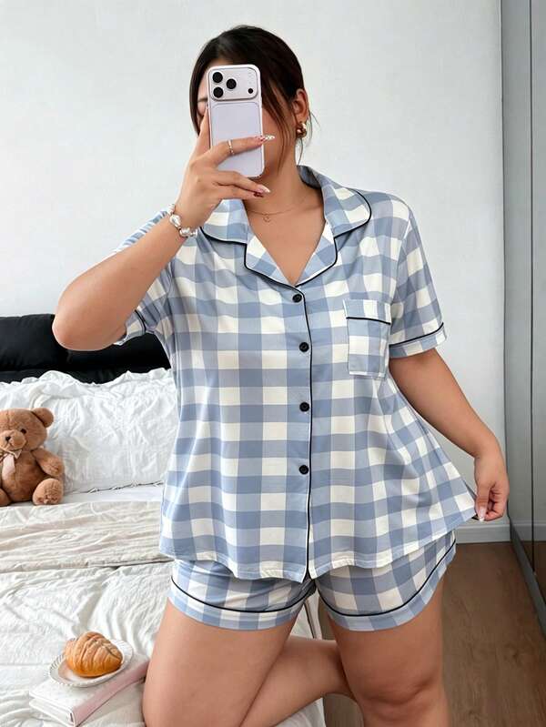 Napfluff CURVE Napfluff CURVE Plus Size Plaid Print Button Decor Short Sleeve Shorts Lapel Pajama Set