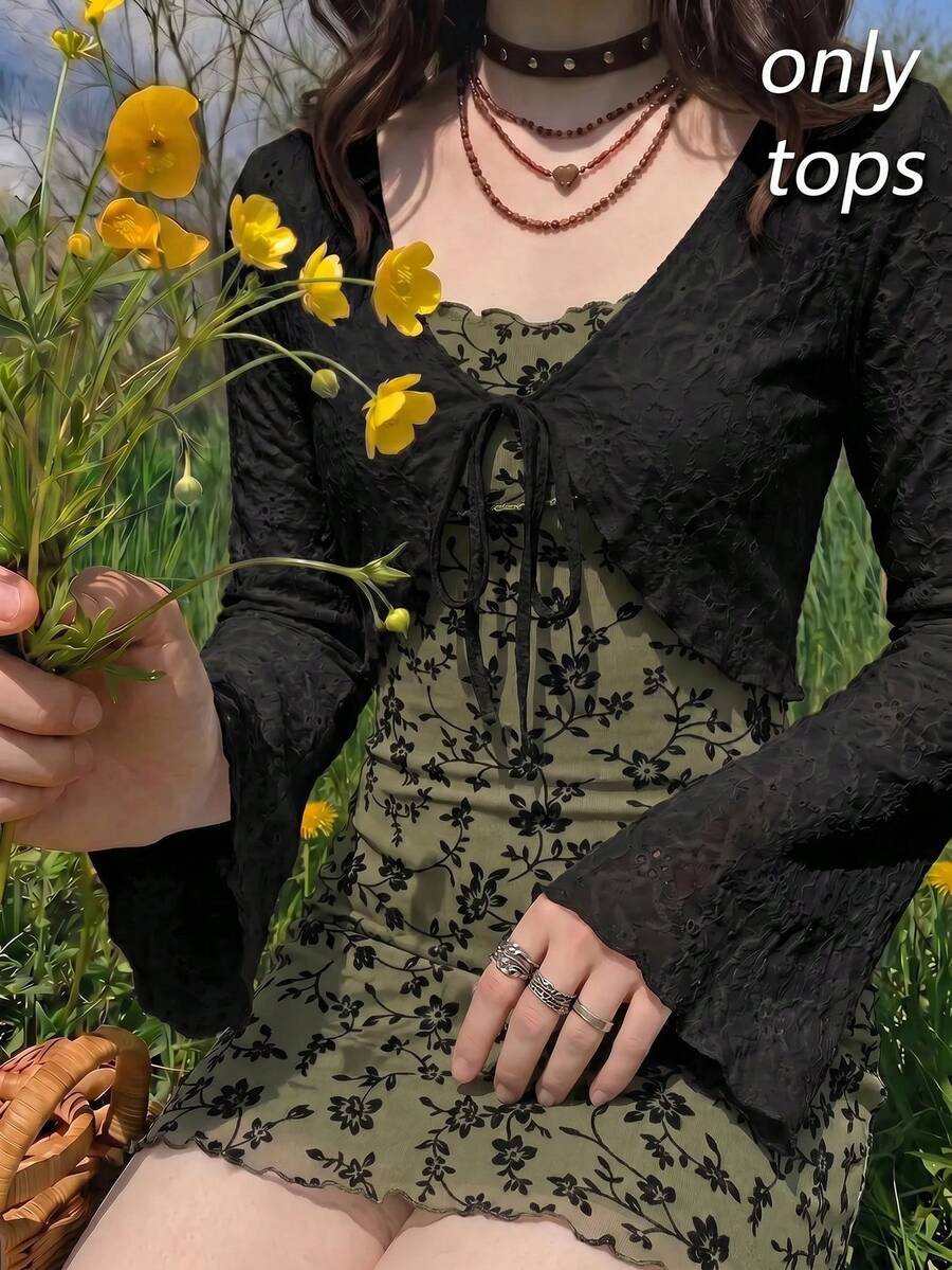 SHEIN MOD Retro V-Neck Cropped Bell Sleeve Tie-Up Cardigan For Women Black Tops - Black - View 1