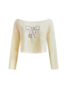 Sweetness Light Yellow Bow Applique Embroidery Loose Cropped Women's Sweatshirt - Light Yellow - View 1