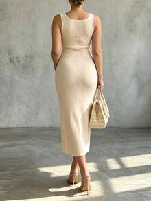 SHEIN LUNE CURVE Plus Size Women's Square Neck Sleeveless Metal Buckle Belt Fitted Front Slit Elegant Cropped Bodycon Knit Dress Office Pink Summer - Apricot - View 2