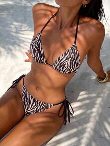 Aloruh Women's New Bikini Set For Spring/Summer, 3 Pieces Swimwear, Bikini With Draped Neck Skirt Cover-Up, Women's Beach Skirt, Sexy & Elegant Retro Romantic Zebra Print Swimwear, Women's Beach Outfit, Women's Resort Wear - Multicolor - View 7