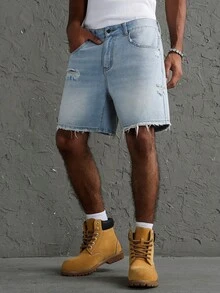 GALLERY FADE Men's Casual Daily Denim Shorts With Pocket, Button And Distressed Design - Blue - View 6