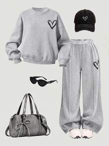 SHEIN Kids Tween Girl Casual Heart Print Knit Solid Color Loose Drop Shoulder Long Sleeve Sweatshirt & Pleated Wide Leg Sweatpants Set - Grey - View 1