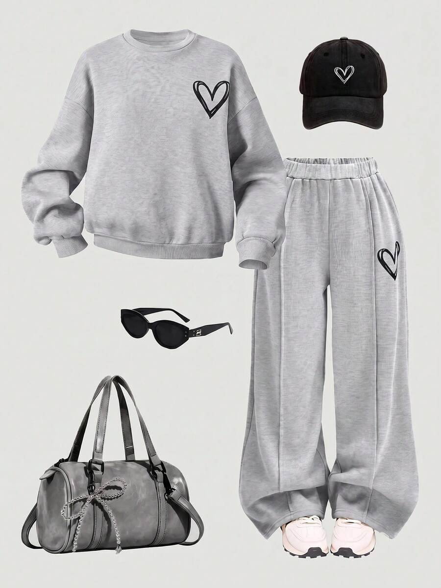 SHEIN Kids Tween Girl Casual Heart Print Knit Solid Color Loose Drop Shoulder Long Sleeve Sweatshirt & Pleated Wide Leg Sweatpants Set - Grey - View 1