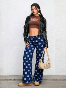 SHEIN ICON 女款時尚波點印花鈕扣口袋寬鬆牛仔褲 - 藍色 - 查看 4