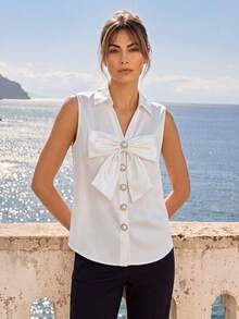 SHEIN Franclia 女士优雅深V领蝴蝶结无袖衬衫 - 白色 - 查看 1