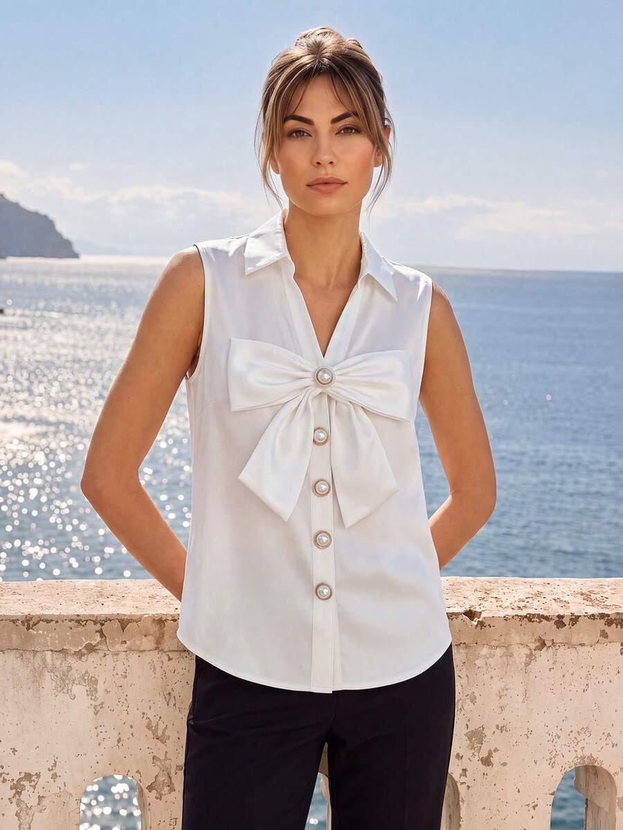 SHEIN Franclia 女士优雅深V领蝴蝶结无袖衬衫 - 白色 - 查看 1