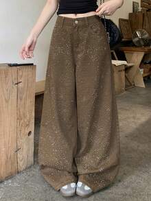 DAZY Rhinestone Embellished Loose Fit Casual Vacation Streetwear Spring Autumn Long Pants Women's Jeans - Khaki - View 5