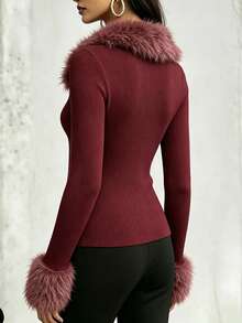 Trelyra Women's Red Fur Collar Front Zipper Slim Fit Jacket - Red - View 5