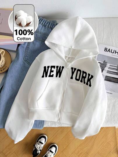 SHEIN Tween Girl Knit Solid Color Letter Pattern Hooded Casual Open Front Sweatshirt