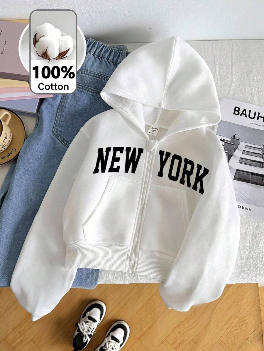 SHEIN Tween Girl Knit Solid Color Letter Pattern Hooded Casual Open Front Sweatshirt - White - View 1