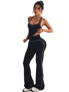 StreetHx Women's Seamless Black Tight Fit Sports 2 Pieces Set Tank Top & Flare Pants - Black and White - View 5