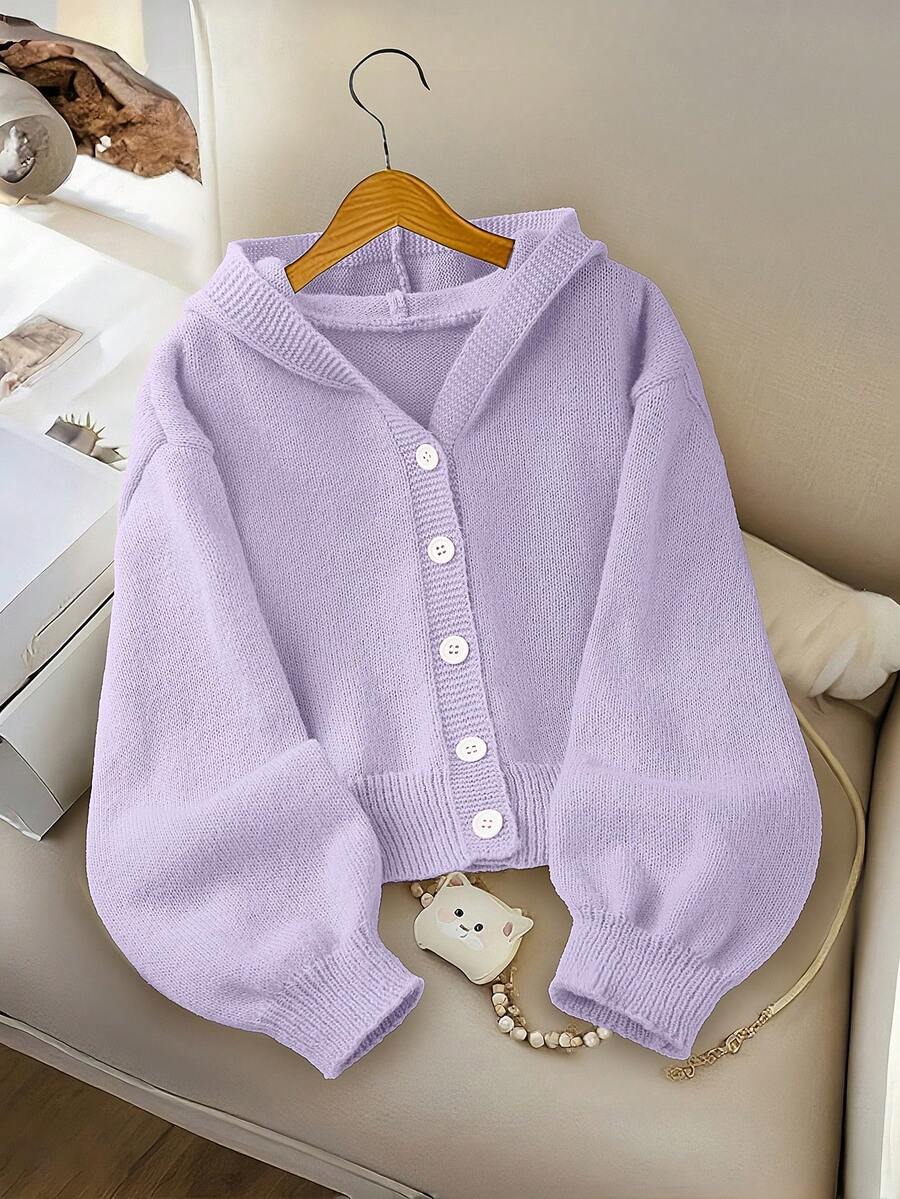 SHEIN Genkimix Kids 女童時尚休閒清新短版純色秋冬連帽針織開襟毛衣 - 淡紫色 - 查看 1