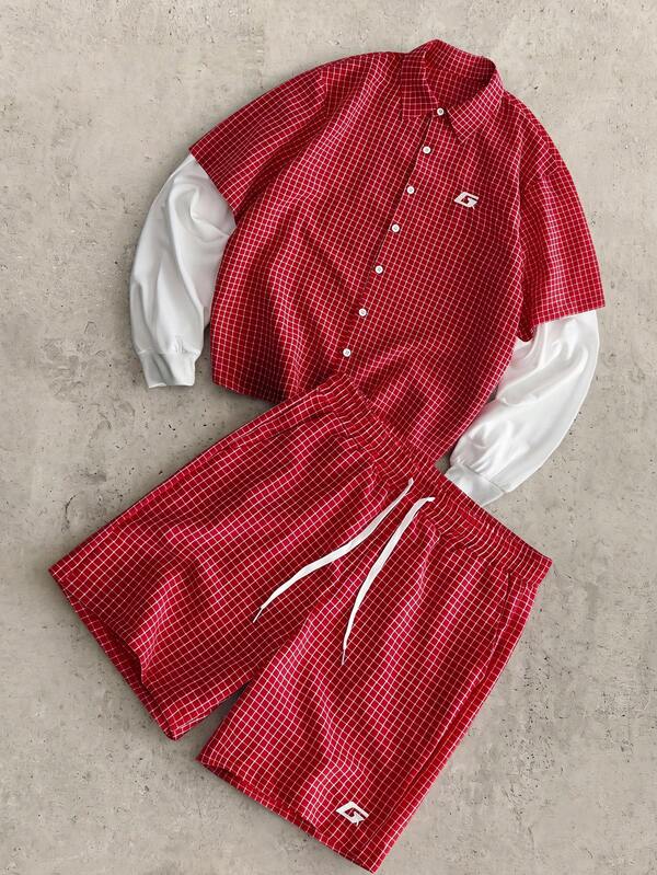 HIMLAND Herren kariertes Patchwork Buchstaben Stickerei Hemd & Shorts Set