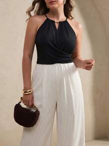 SHEIN LUNE CURVE 2026年春夏新款女款掛脖式串珠條紋連身褲，休閒度假辦公穿搭，時尚街頭居家連身褲 - 彩色 - 查看 7