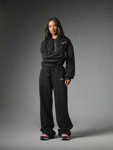 Missguided x Playboy Logo Embroidered Wide Leg Jogger Sweatpants With Drawstring Waist And Side Pockets Cozy Fleece Casual Pants - Black - View 2