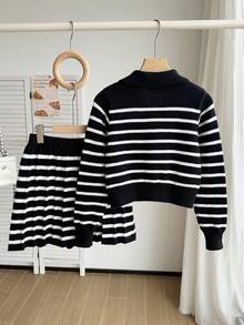 SHEIN Girls' Autumn/Winter Fashion Striped Knit Sweater Long Sleeve Cardigan & Black Skirt Set Pullover - Black - View 3