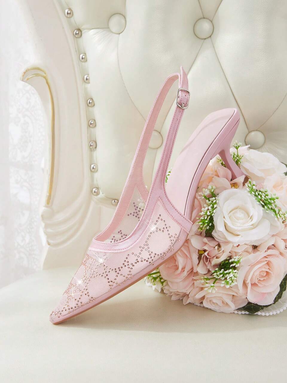 CUCCOO HITCHD Pointed Breathable Mesh Rhinestone Hollow Fashion Elegant Versatile Sexy Fairy Banquet Pink High Heels Fall Shoes
