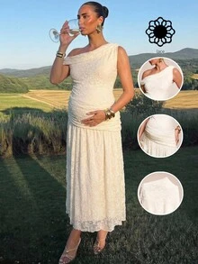 MaterniChic 優雅單肩百褶孕婦禮服,適合婚禮正式場合,夏季穿著 - 杏色 - 查看 3