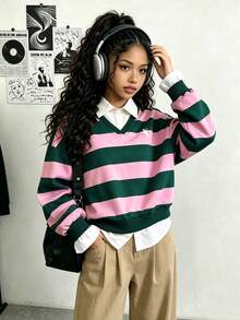 Genkimix Kids 休閒街頭風 2-in-1 衛衣 青少年女孩秋季服飾 亮粉色條紋印花長袖 白色小馬圖案 返校穿搭 女孩 - 彩色 - 查看 4