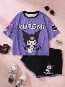 HELLO KITTY AND FRIENDS | SHEIN Set Kaos dan Celana Pendek Bergambar Kartun untuk Anak Perempuan Remaja - Purple - View 1