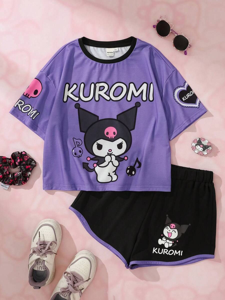 HELLO KITTY AND FRIENDS | SHEIN Set Kaos dan Celana Pendek Bergambar Kartun untuk Anak Perempuan Remaja - Purple - View 1