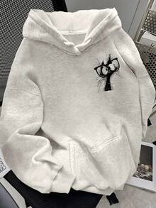 Resyla Women's Cartoon Print Drop Shoulder Hooded Sweatshirt - Light Grey - View 2