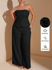 SHEIN Tall CURVE 大码女士优雅约会之夜纯色露肩西装外套套装，适合工作制服、办公室、仙女、美人鱼风格 - 黑色 - 查看 7