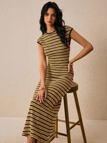 Poéselle 女款棉質提花條紋中長洋裝，對比飾邊圓領短袖緊身洋裝，四季百搭，適合辦公室、日常與返校穿著 - 棕色 - 查看 4