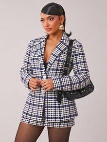 SHEIN SXY Plus Size Fashion Commuter Office Formal Houndstooth Blazer White And Blue Autumn Elegant - Multicolor - View 7
