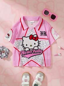 HELLO KITTY AND FRIENDS | SHEIN 1 buah Kaos Anak Perempuan Gaya Sporty yang Menyenangkan, Lengan Pendek Berkerah dengan Motif Kartun Leopard dan Bintang. - MultiWarna - View 1