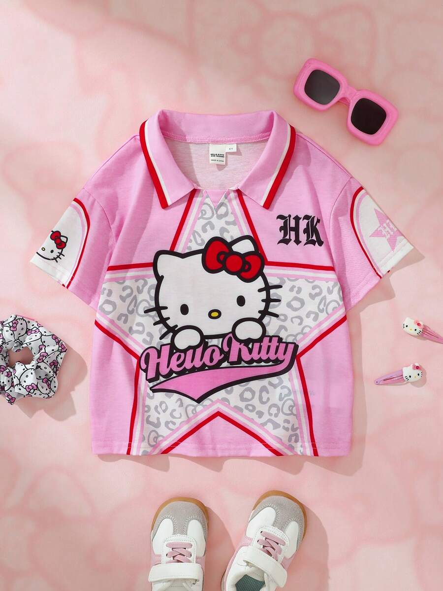 HELLO KITTY AND FRIENDS | SHEIN 1 buah Kaos Anak Perempuan Gaya Sporty yang Menyenangkan, Lengan Pendek Berkerah dengan Motif Kartun Leopard dan Bintang. - MultiWarna - View 1