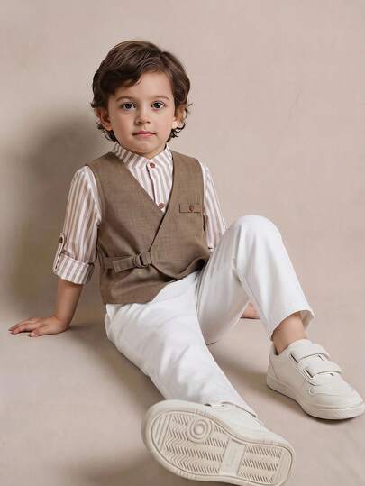 PrepCrw Setelan 3 Potong Gaya Preppy Minimalis Kasual Lucu untuk Anak Laki-Laki, Termasuk Rompi Biasa, Kemeja Kerah Tegak, Atasan Lengan Panjang yang Dapat Diatur Ukurannya, dan Celana Panjang, Gaya Gentleman, Cocok untuk Pesta Ulang Tahun, Makan Malam, Pertunjukan, Pernikahan, Pembaptisan, Upacara Pembukaan, dan Acara Lainnya, Dalam dan Luar Ruangan, Pakaian Sehari-hari