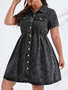 SHEIN ICON Plus Size Women's Front Button Collar Pocket Loose Hem Short Sleeve Dress, Suitable For  And Outings Mother's Day Back-To-School Outfits - Black - View 3