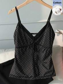 CovetEZ 100%纯棉女士撞色波点印花系带吊带背心 - 黑色 - 查看 2